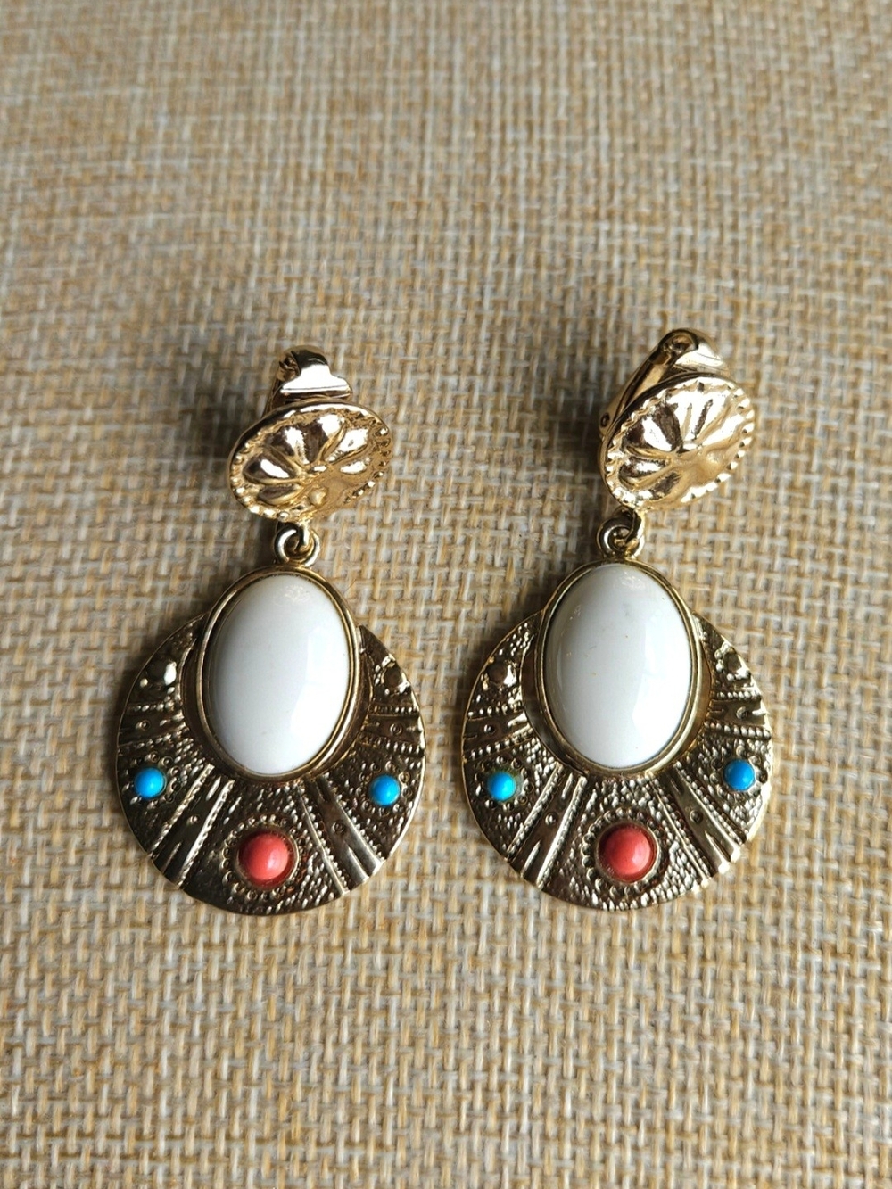 Gold-Tone Clip-On Earrings with White, Coral and Turquoise Accents